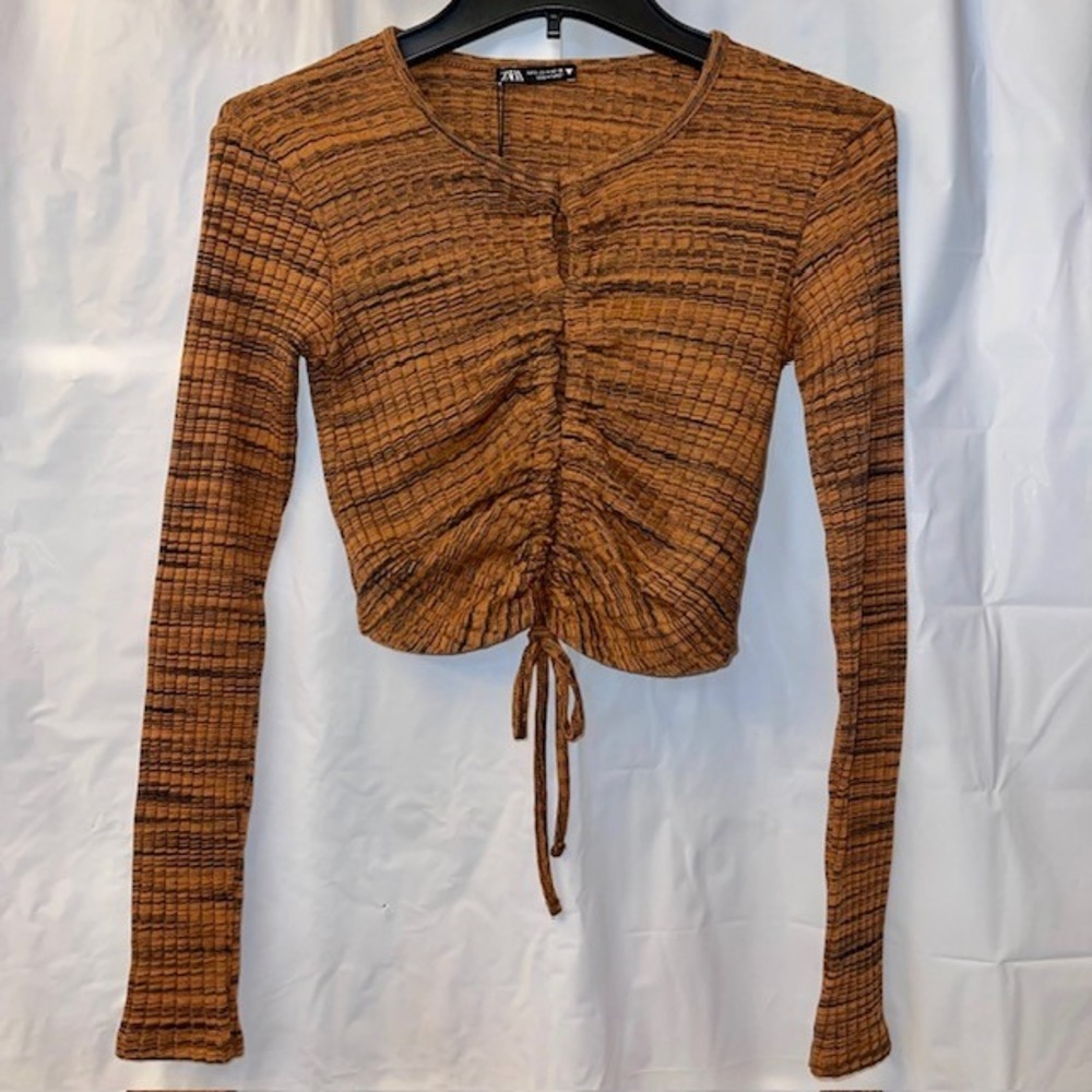 Zara Rust Brown Space Dye Keyhole Cutouts Ribbed Ruched Drawstring Crop Top NWT